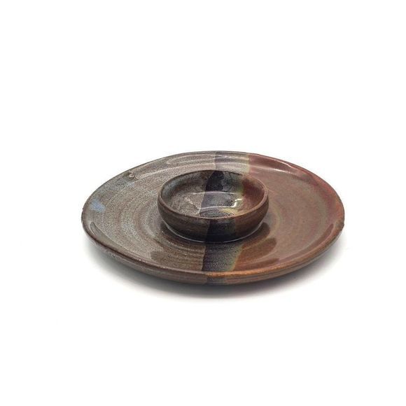 Vintage Stoneware Pottery Votive Candle Holder Modern MCM Metallic Striped Ombre - Picture 5 of 7